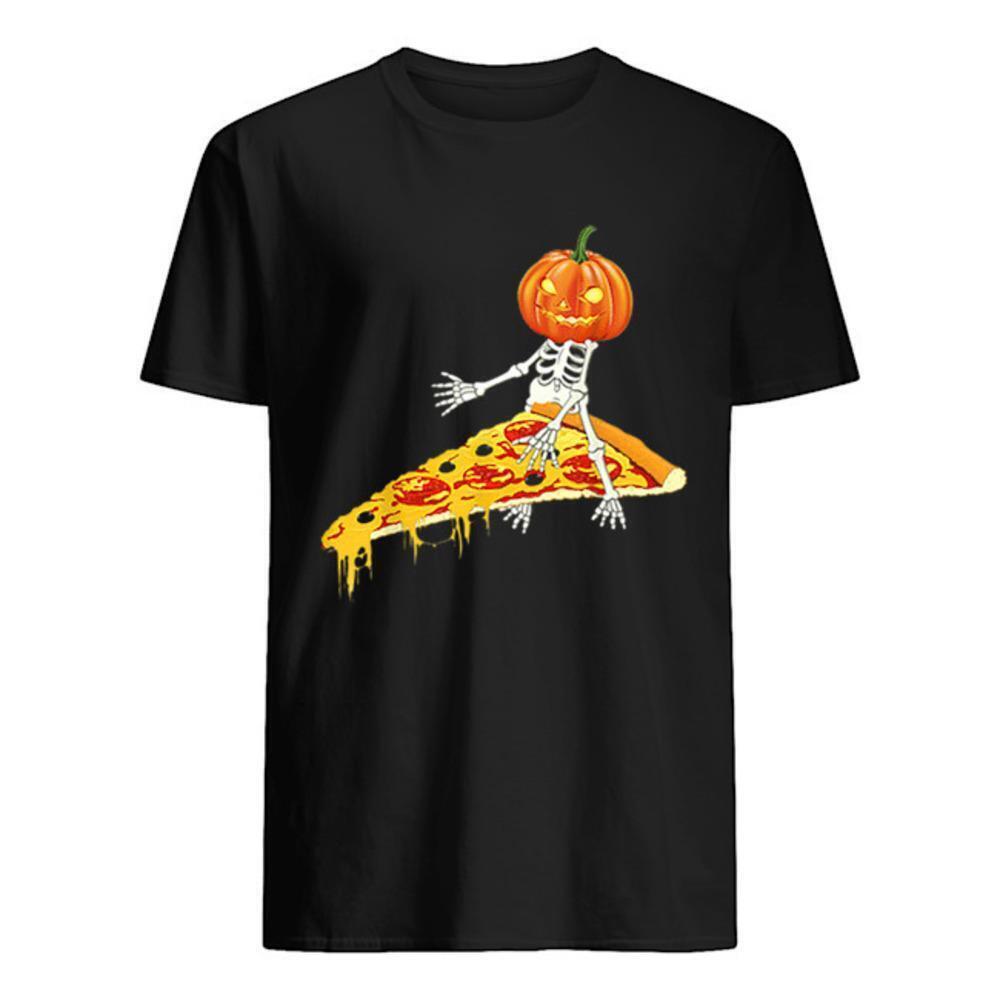 Pumpkin Skeleton Riding Pizza Funny Halloween Unisex T-Shirt